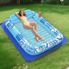 POOLACC inflatable tanning lounger on blue water for relaxing sunbathing