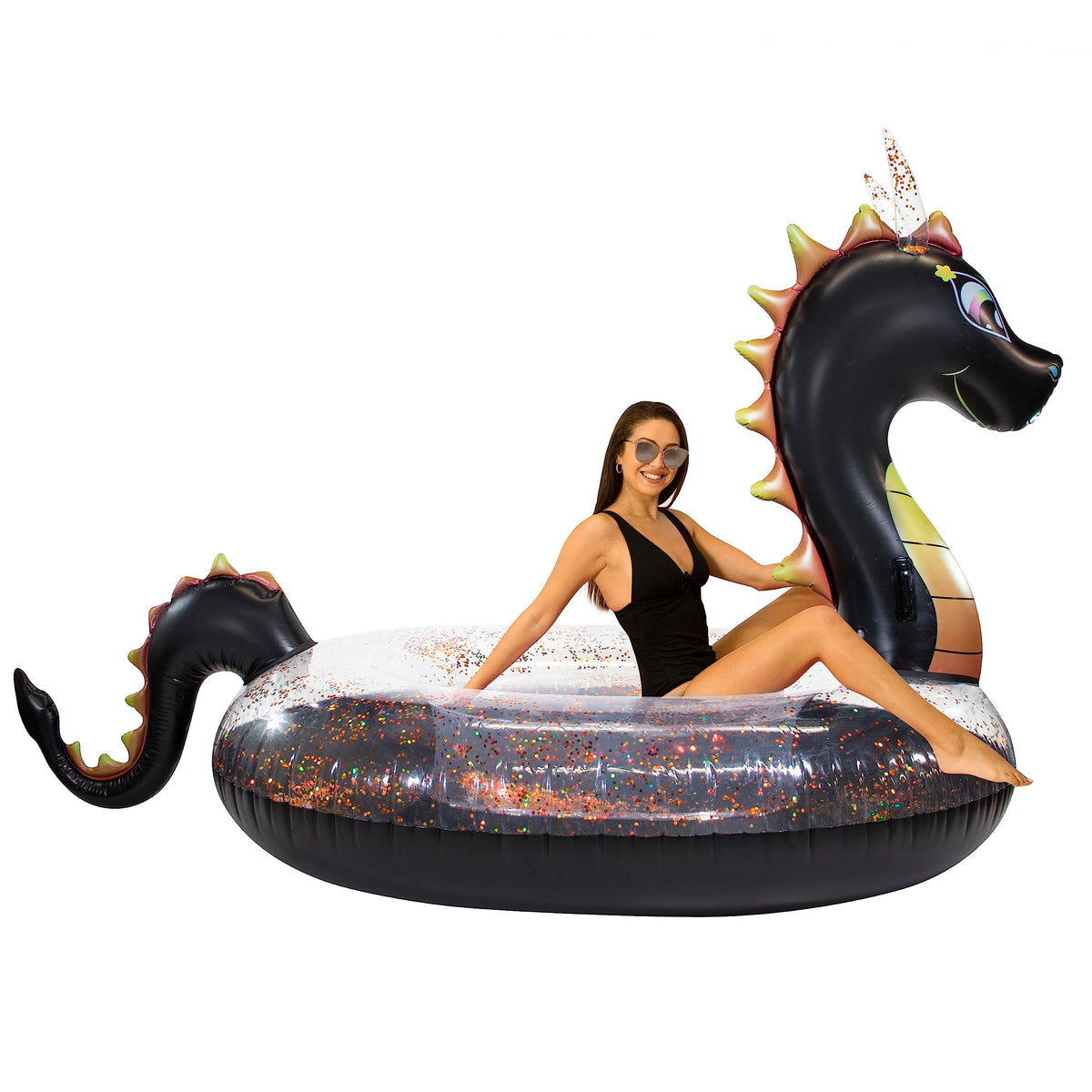 PoolCandy Gigantic Black Sea Dragon inflatable raft for pool parties and lake adventures.