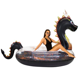 PoolCandy Gigantic Black Sea Dragon inflatable raft for pool parties and lake adventures.