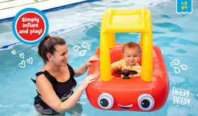 PoolCandy Cozy Coupe Float kids' car float for ages 1 to 3 with leg holes.