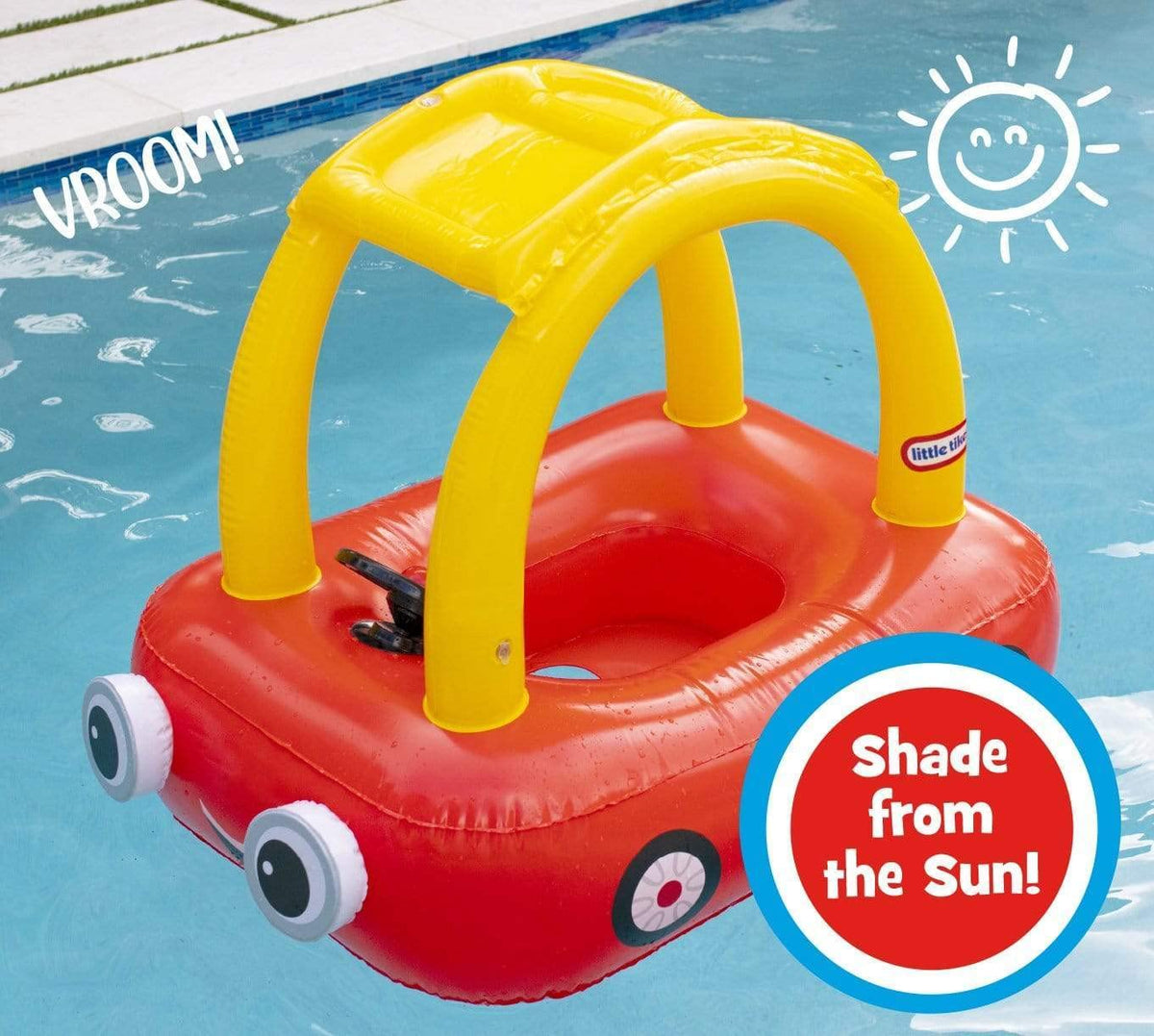 PoolCandy Little Tikes Cozy Coupe Float side view highlights the buoyant ride-on toy in action.