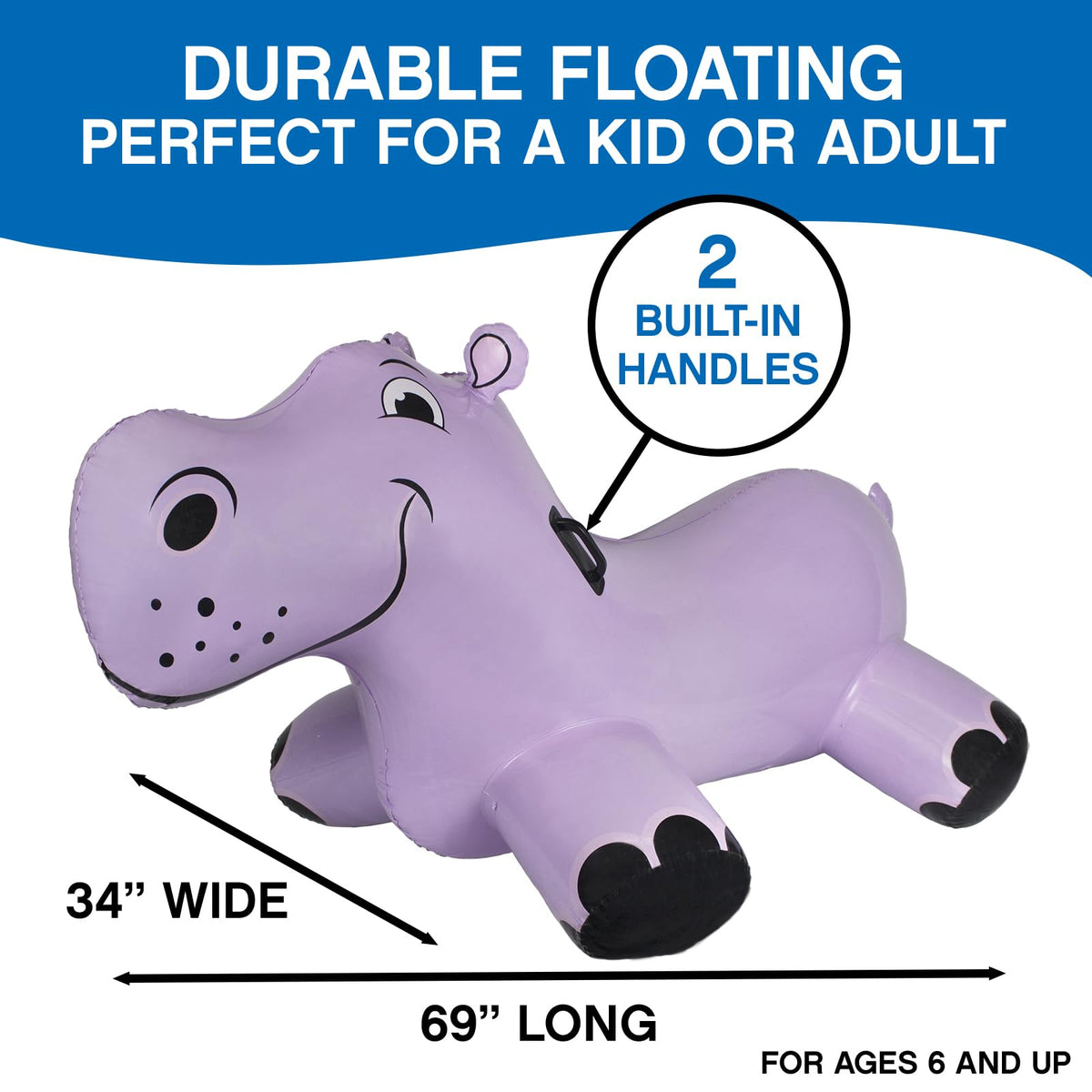 Poolmaster Happy Hippo easy inflate/deflate valve for quick setup and packing
