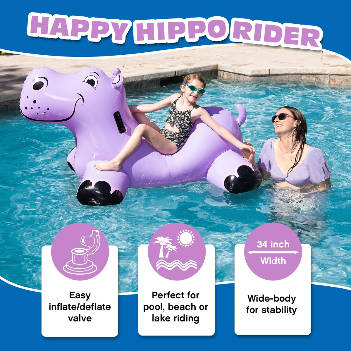 Poolmaster Happy Hippo wide-stable design for comfortable lounging and riding