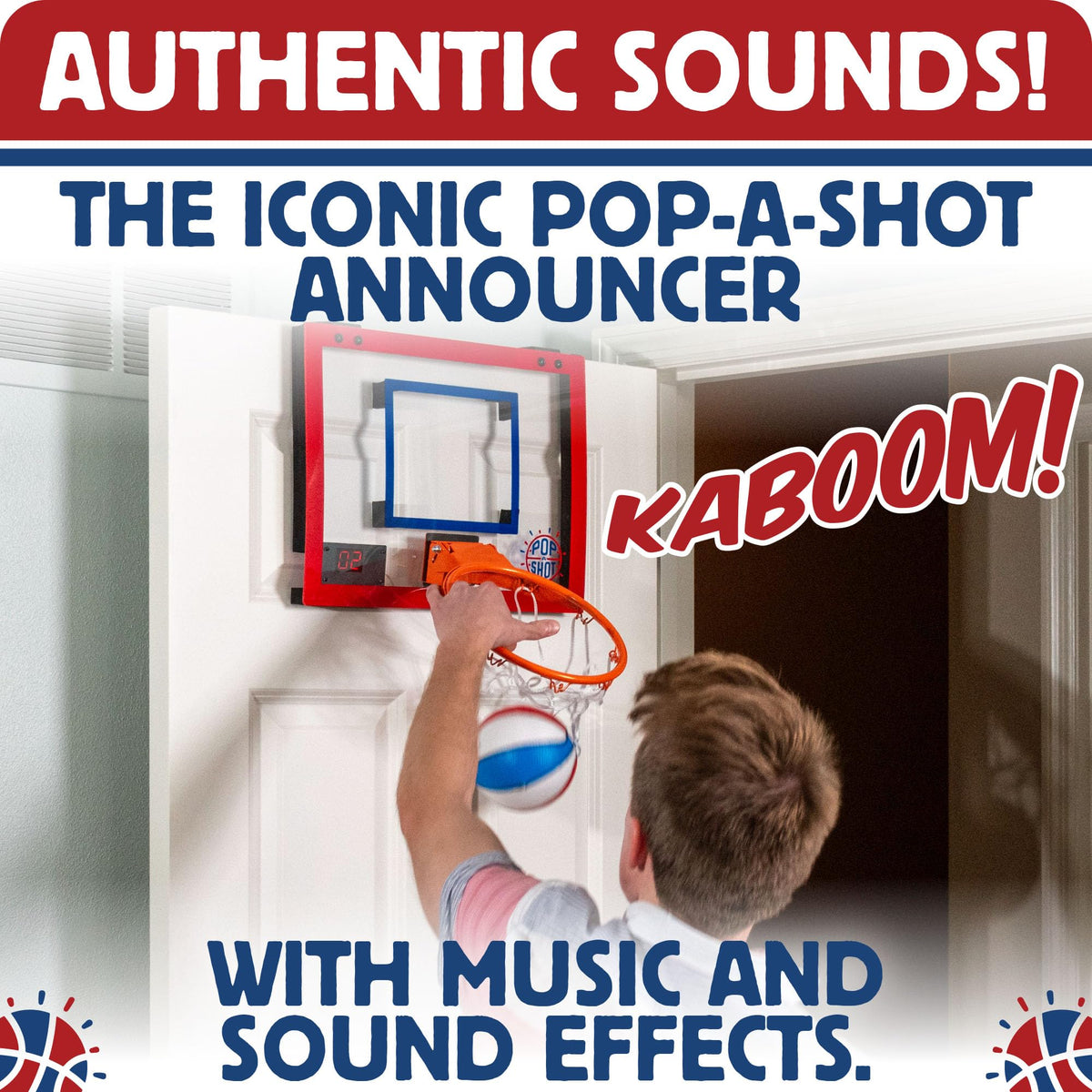 Pop-A-Shot Super Slam LED scoreboard and announcer add arcade-style scoring.