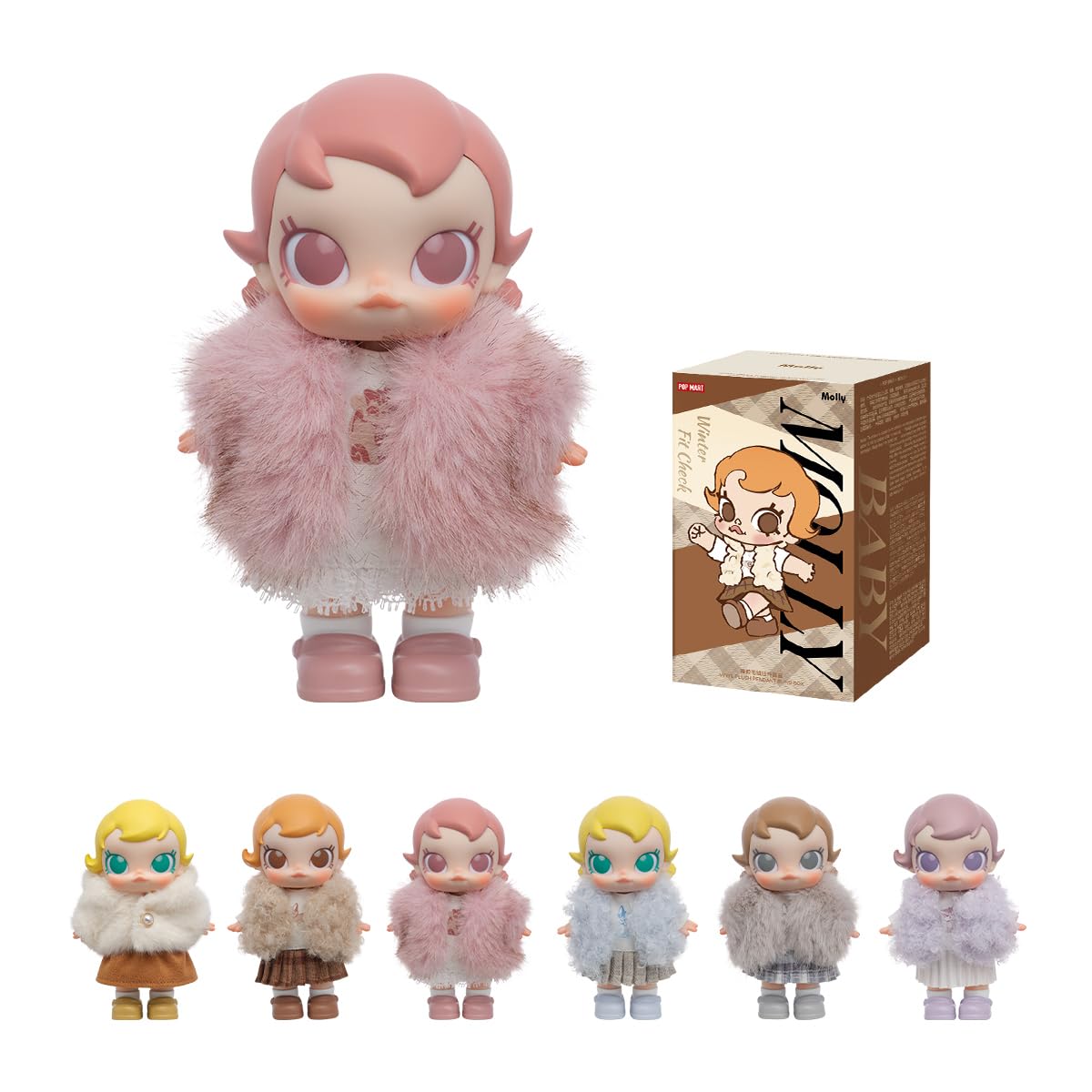 POP MART Baby Molly Winter Fit Check pendant display-ready vinyl figure.