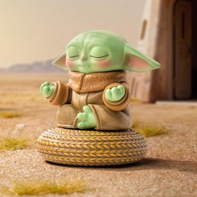 POP MART Grogu display-ready figure on stand, perfect for shelf decor.