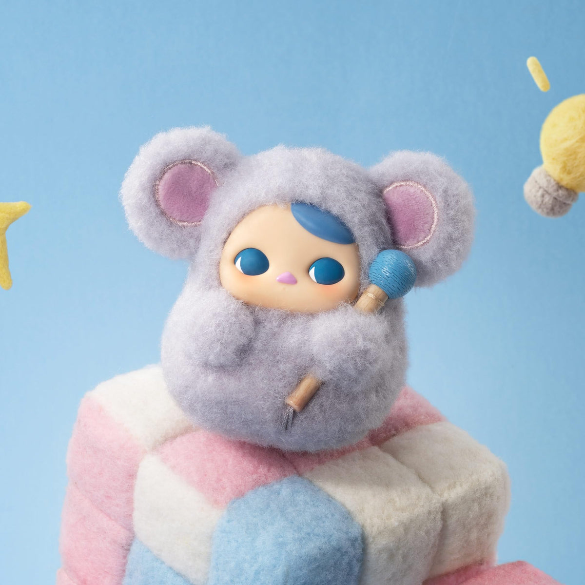 POP MART PUCKY Tap Tap Babies collectible figure closeup, vivid colors for display.