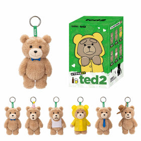 POP MART Ted2 teddy bear pendant on display shelf, a playful collectible for fans at home.