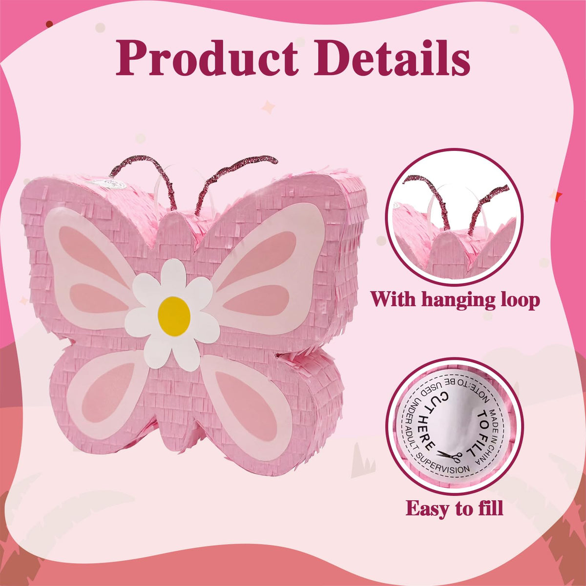 POPCLAP Butterfly Pinata hanging loop, simple to display at venues.