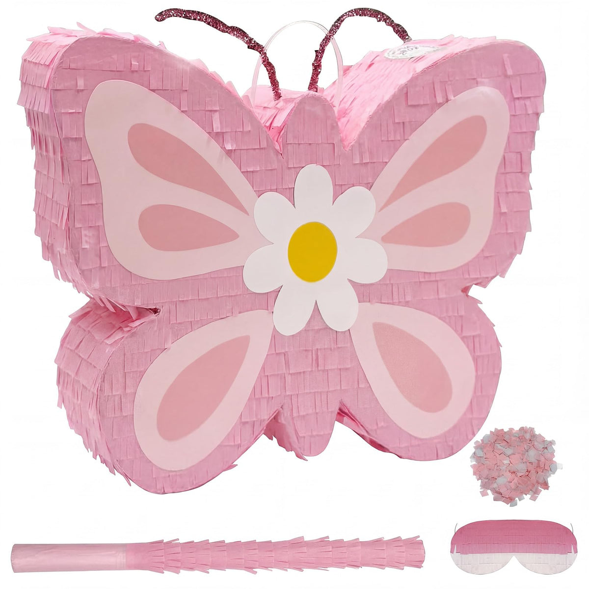 POPCLAP Butterfly Piñata pink front view for a vibrant kids' party activity.
