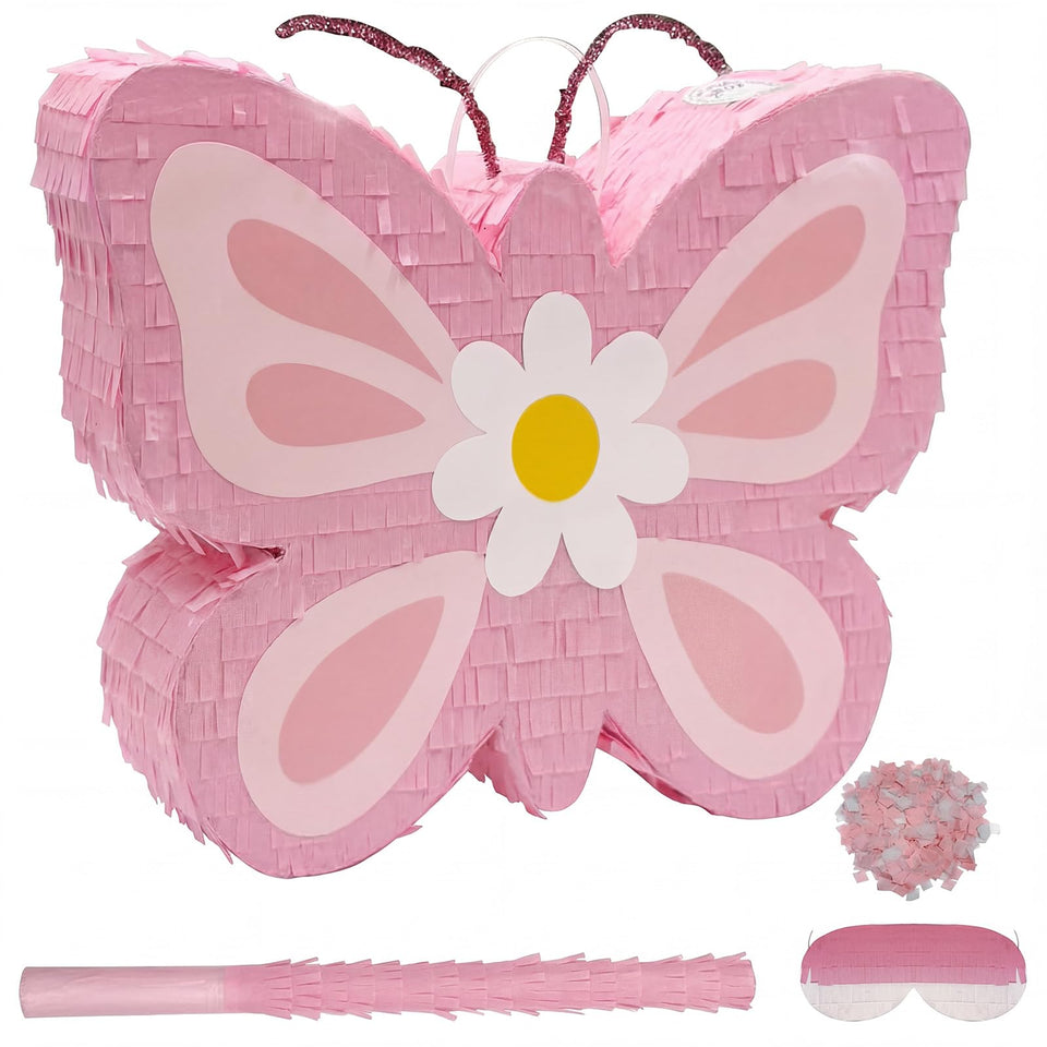 POPCLAP Butterfly Piñata pink front view for a vibrant kids' party activity.