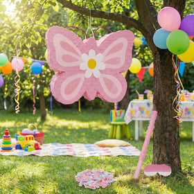 POPCLAP Butterfly Pinata stick and blindfold, ready for playful party games.