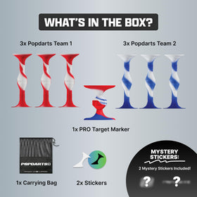 Popdarts red white blue darts set ready for play