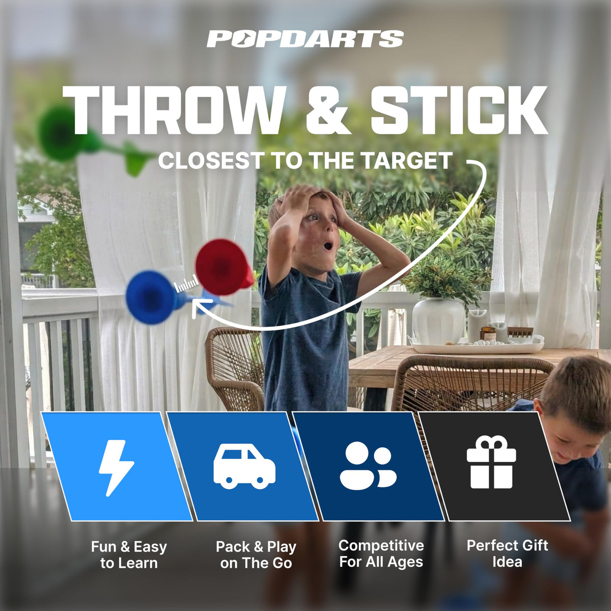 Popdarts Rookie Pack target marker on a glass surface for precise throws.