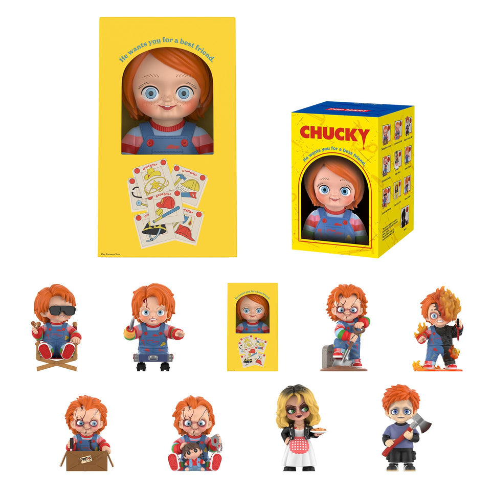 POP MART Chucky blind box front packaging shows mystery collectible.