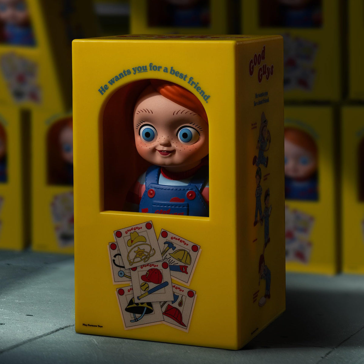POP MART Chucky franchise series figures arranged for display collection.