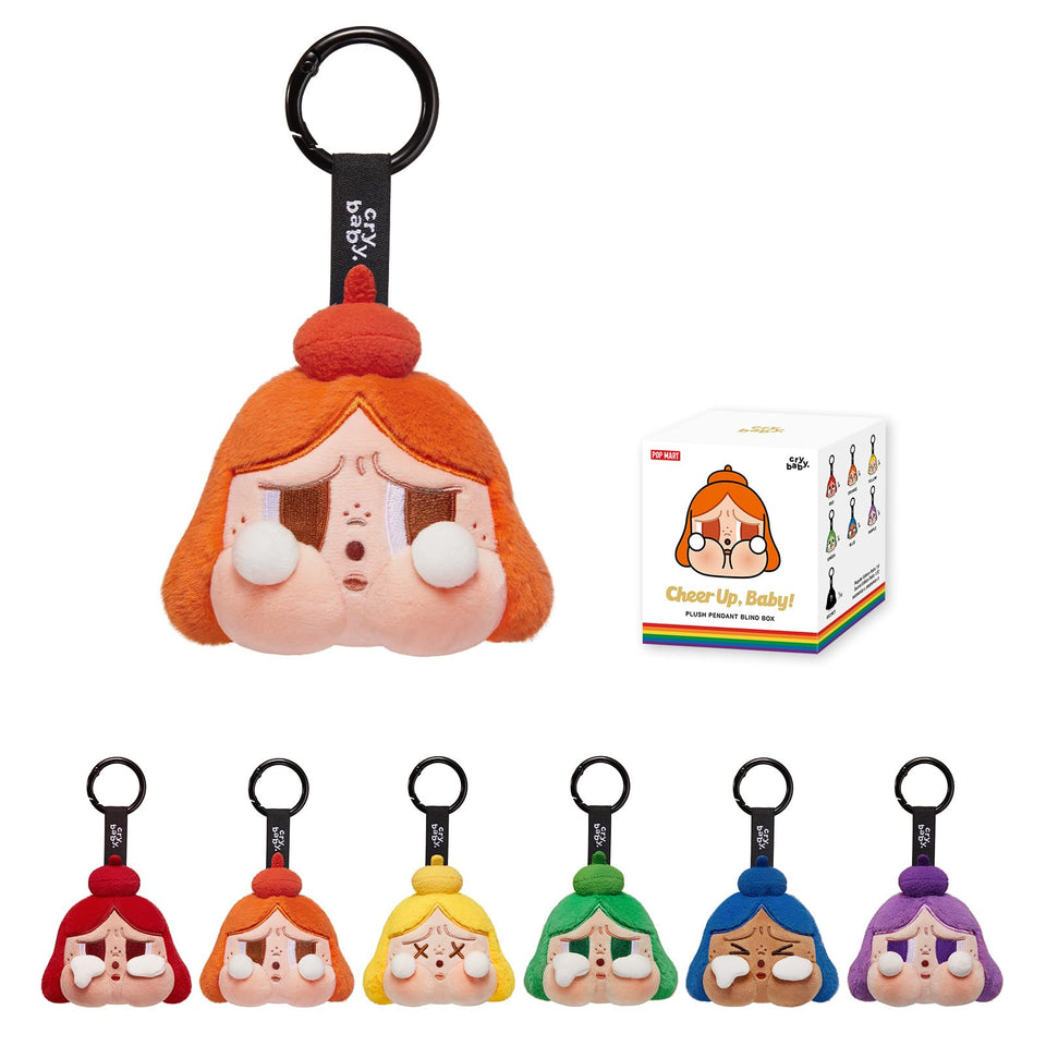 POP MART Crybaby Cheer Up, Baby plush pendant blind box ready for display as a collectible.