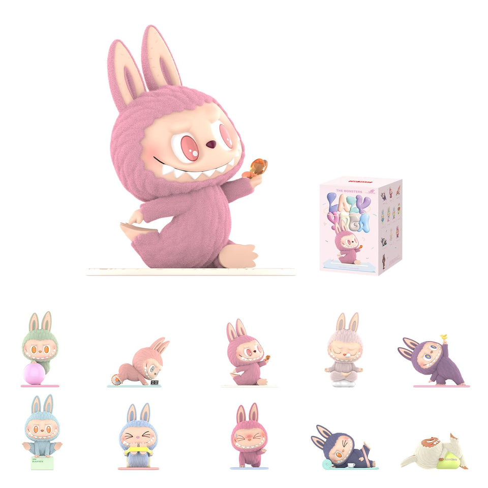 POP MART Labubu Lazy Yoga blind box front with mystery figure and colorful packaging