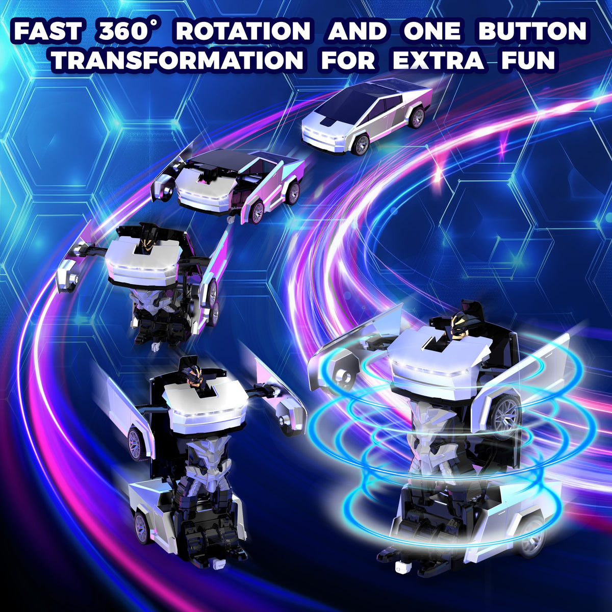 POPPLAYING LED-lit RC car shows 360° rotation for dynamic spins.