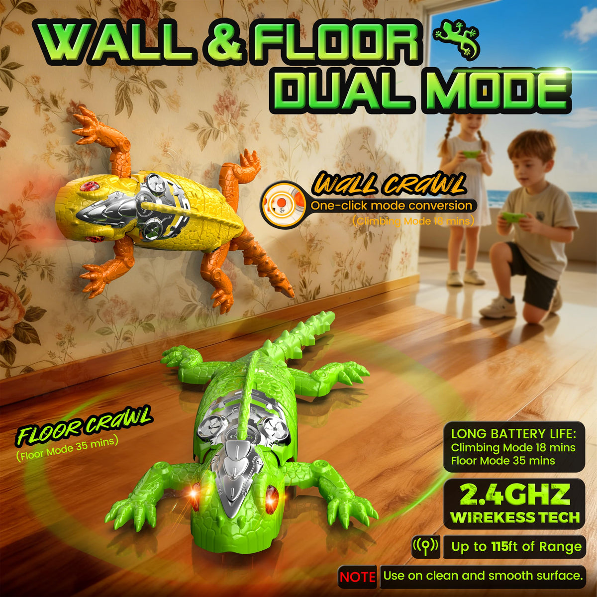 POPPLAYING LED-eyed gecko climbing ceiling demonstrates dual-mode versatility.