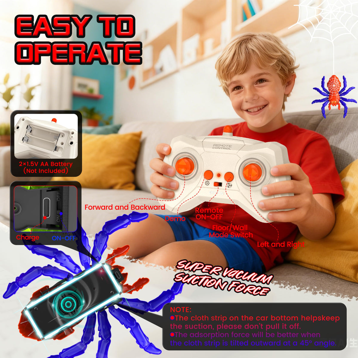 Rechargeable USB battery offers extended play on POPPLAYING spider robot.