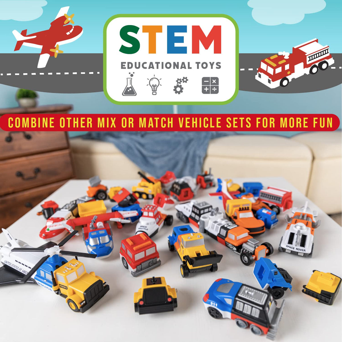 Popular Playthings magnetic fire-rescue set with vibrant colors to spark role-play adventures.