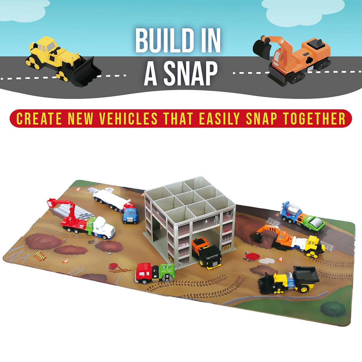 Popular Playthings cement mixer demonstrates easy snaps for quick build sessions.