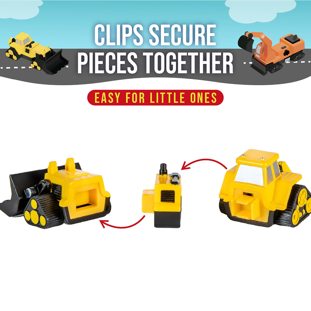 Popular Playthings excavator highlights interlocking pieces for mix-and-match creativity.