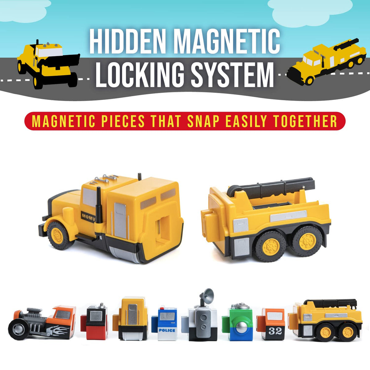 Kids playing with Popular Playthings magnetic vehicles for hands on fun