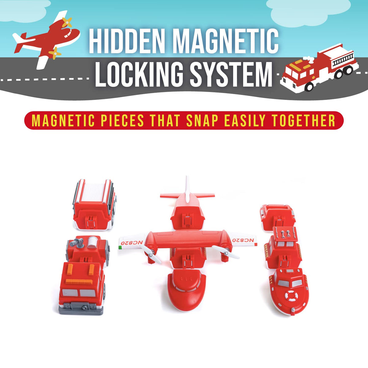 Popular Playthings magnetic vehicles mix-and-match set enabling endless storytelling possibilities.