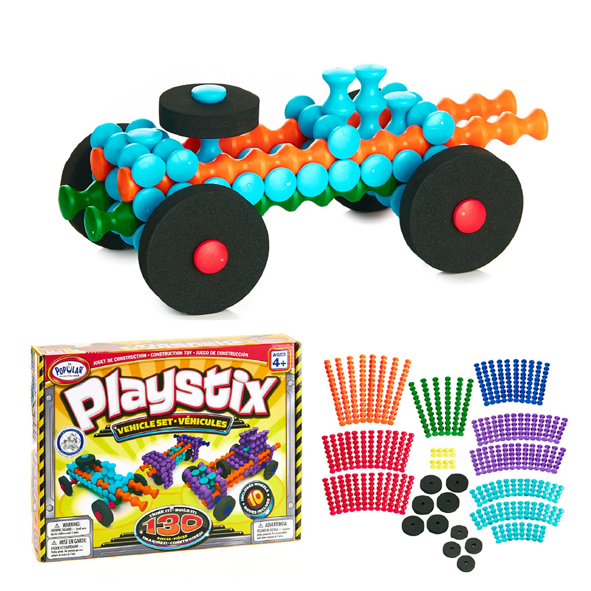 Popular Playthings Playstix 130-piece set on display with vivid colors inviting creative construction.
