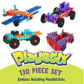 Children building a vehicle with Playstix, guided by color codes.