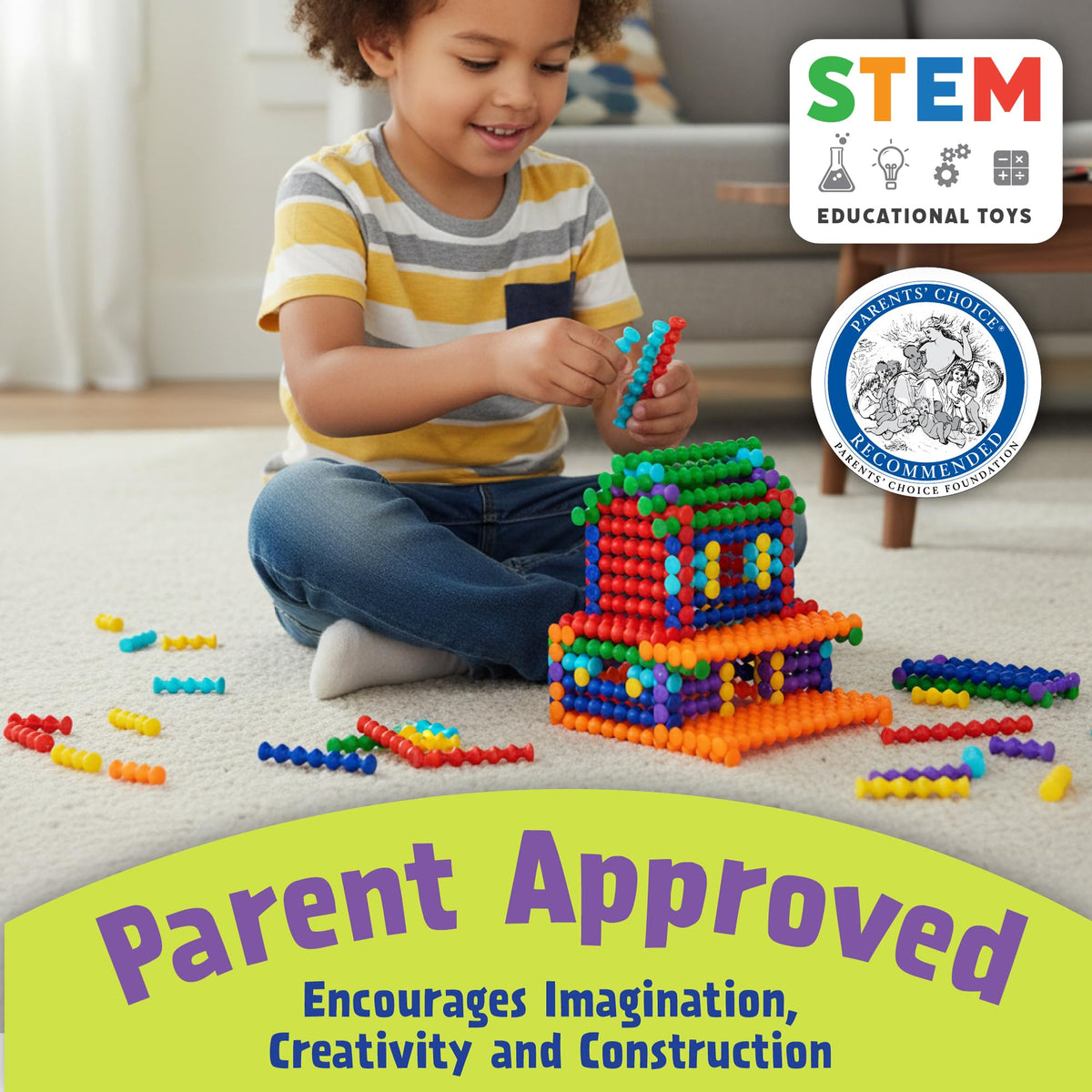 Popular Playthings Playstix kid constructing in a classroom setting encourages collaboration.