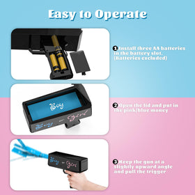 POPUPARTY gender reveal shooter uses three AA batteries for quick setup.