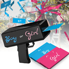 POPUPARTY gender reveal money gun with blue handle fires bills for dramatic party moments.