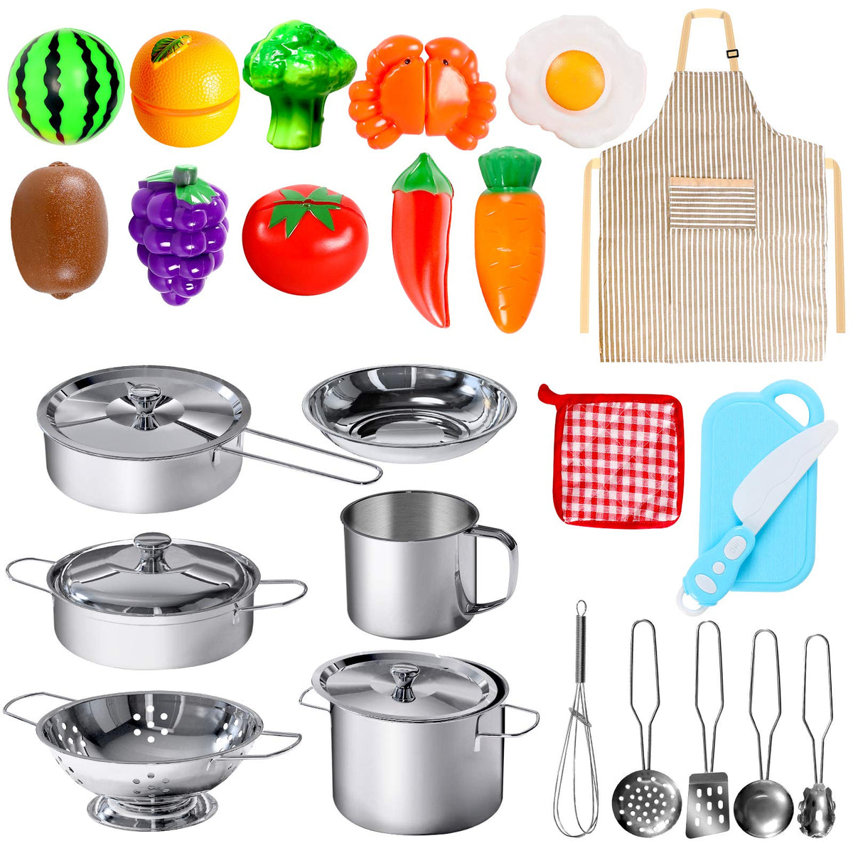 POPUTOY 28-piece kitchen toy set with stainless-steel cookware for imaginative play