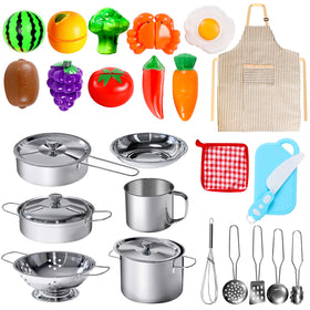 POPUTOY 28-piece kitchen toy set with stainless-steel cookware for imaginative play