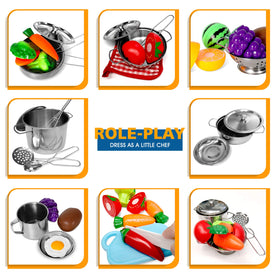 POPUTOY stainless steel cookware with lids for durable pretend cooking