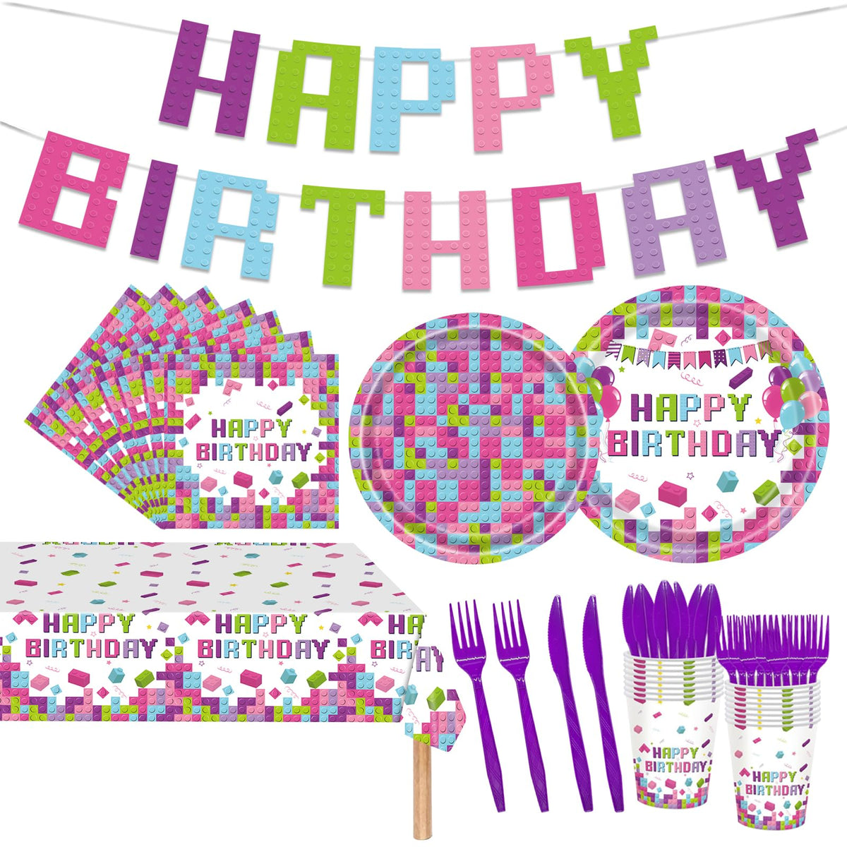 Poqirzan building blocks party set serves 16 guests with easy cleanup.