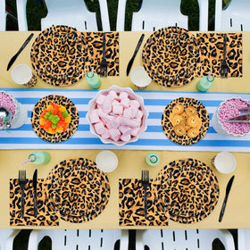 Poqirzan leopard party set visuals show full 24-serving safari tableware.