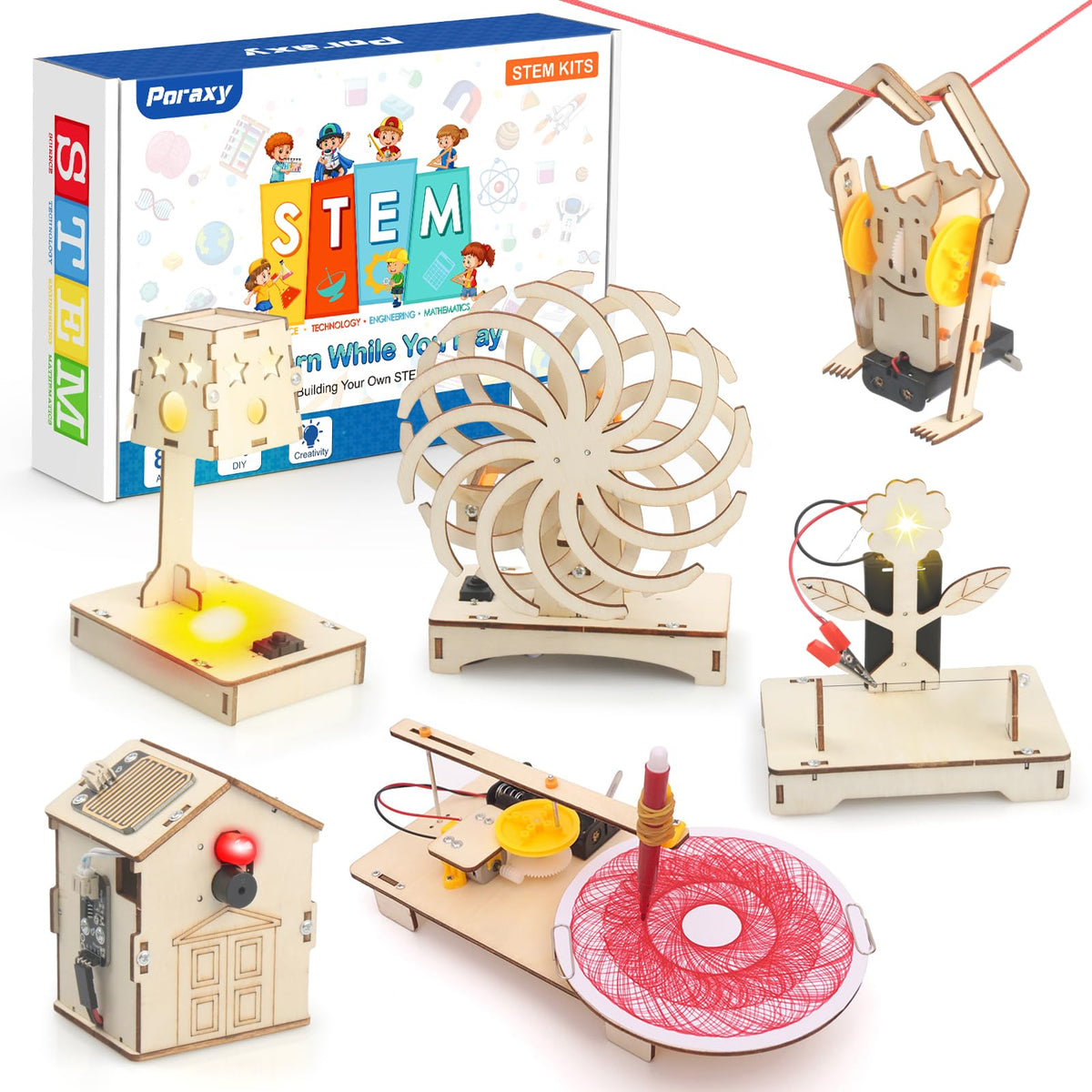 Poraxy 6-in-1 STEM toy unboxing reveals all parts for versatile construction fun.