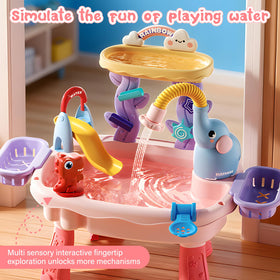 Poruary cloud-tap electric pump demonstrates water flow and reuse during play.