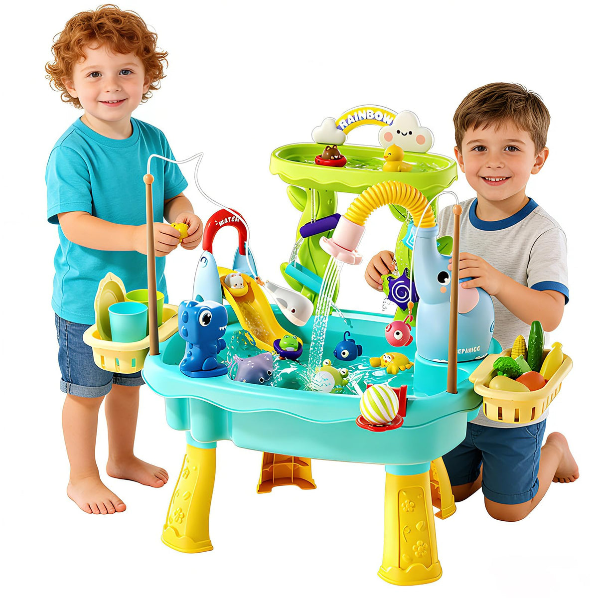 Poruary sand water table with pump and faucet encourages hands-on water play and fine motor skills.