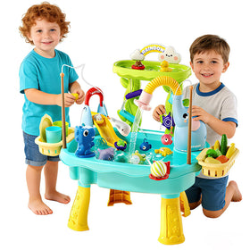 Poruary sand water table with pump and faucet encourages hands-on water play and fine motor skills.