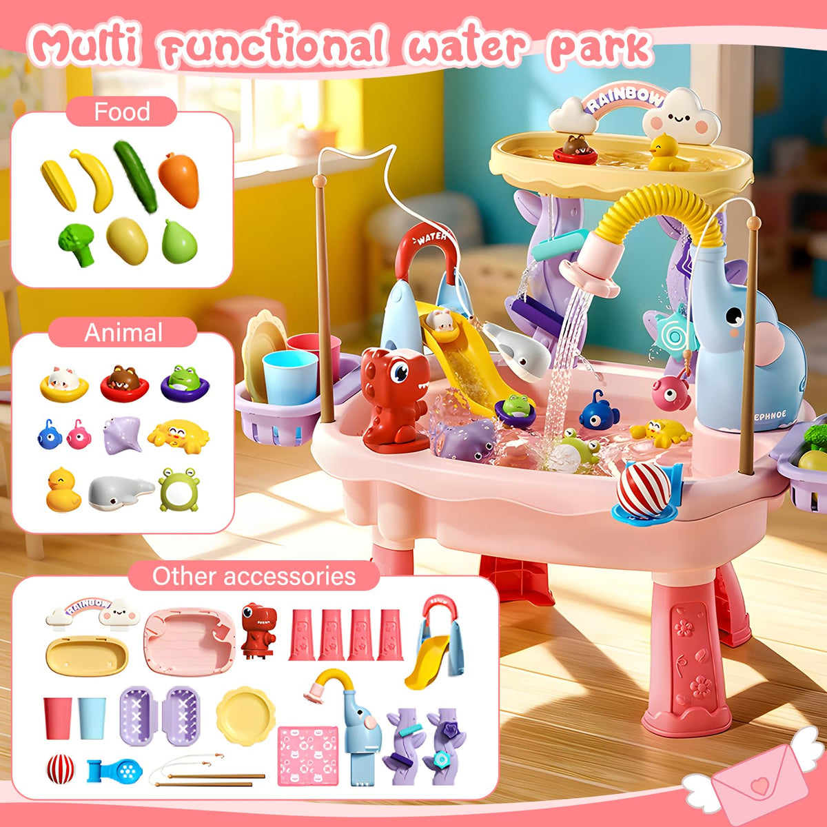 Poruary water table with fishing tools promotes cooperative play and storytelling at mealtime.