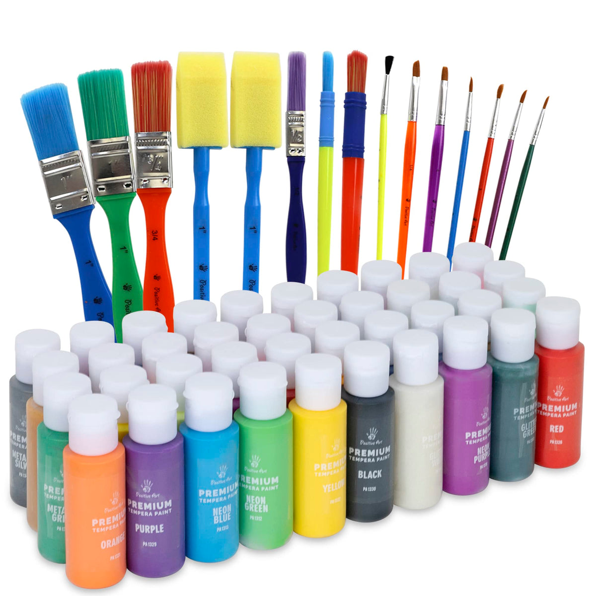 Positive Art Kids Tempera Paint Set with 40 colors in 2oz bottles for versatile art projects.