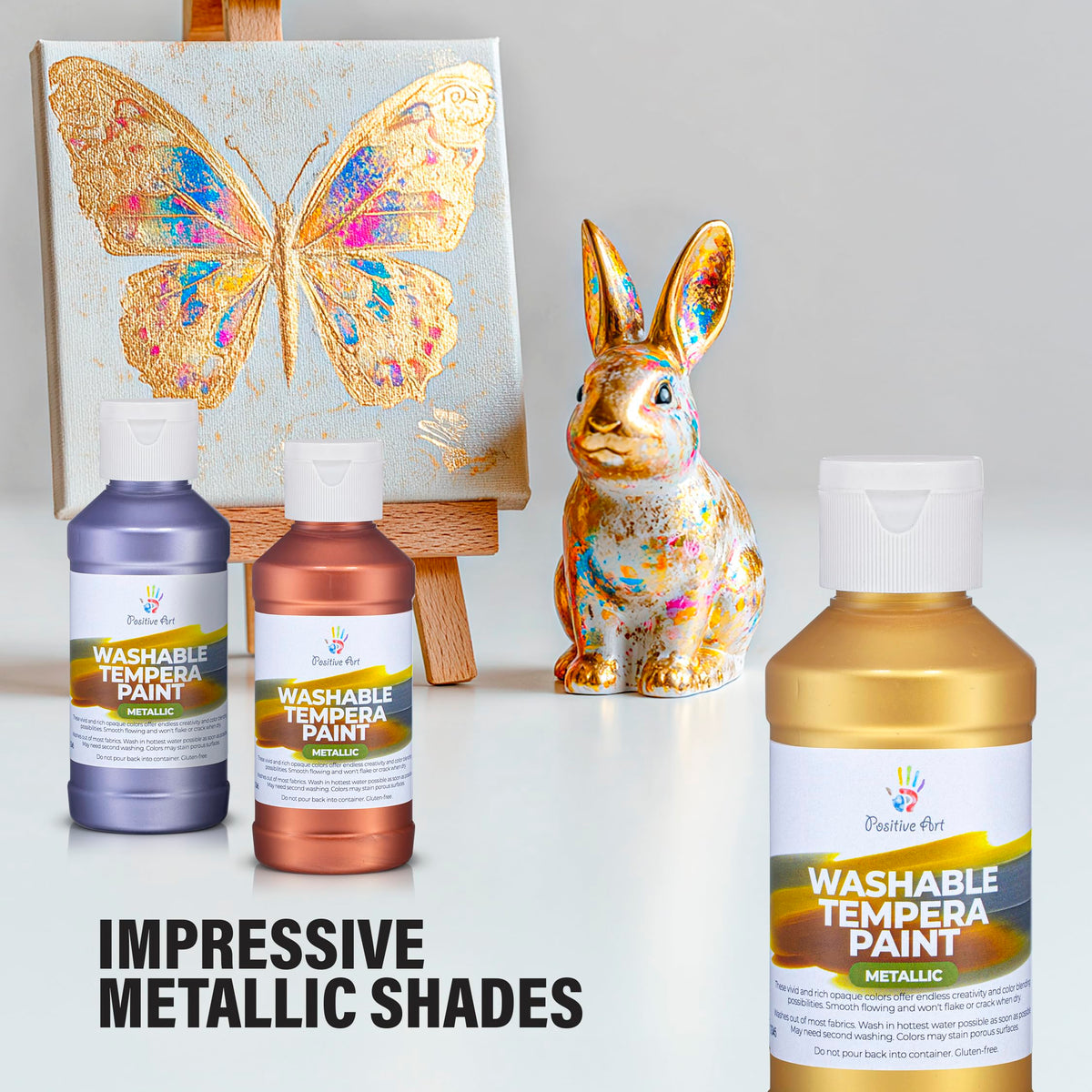 Positive Art green metallic tempera bottle provides washable color for classroom projects