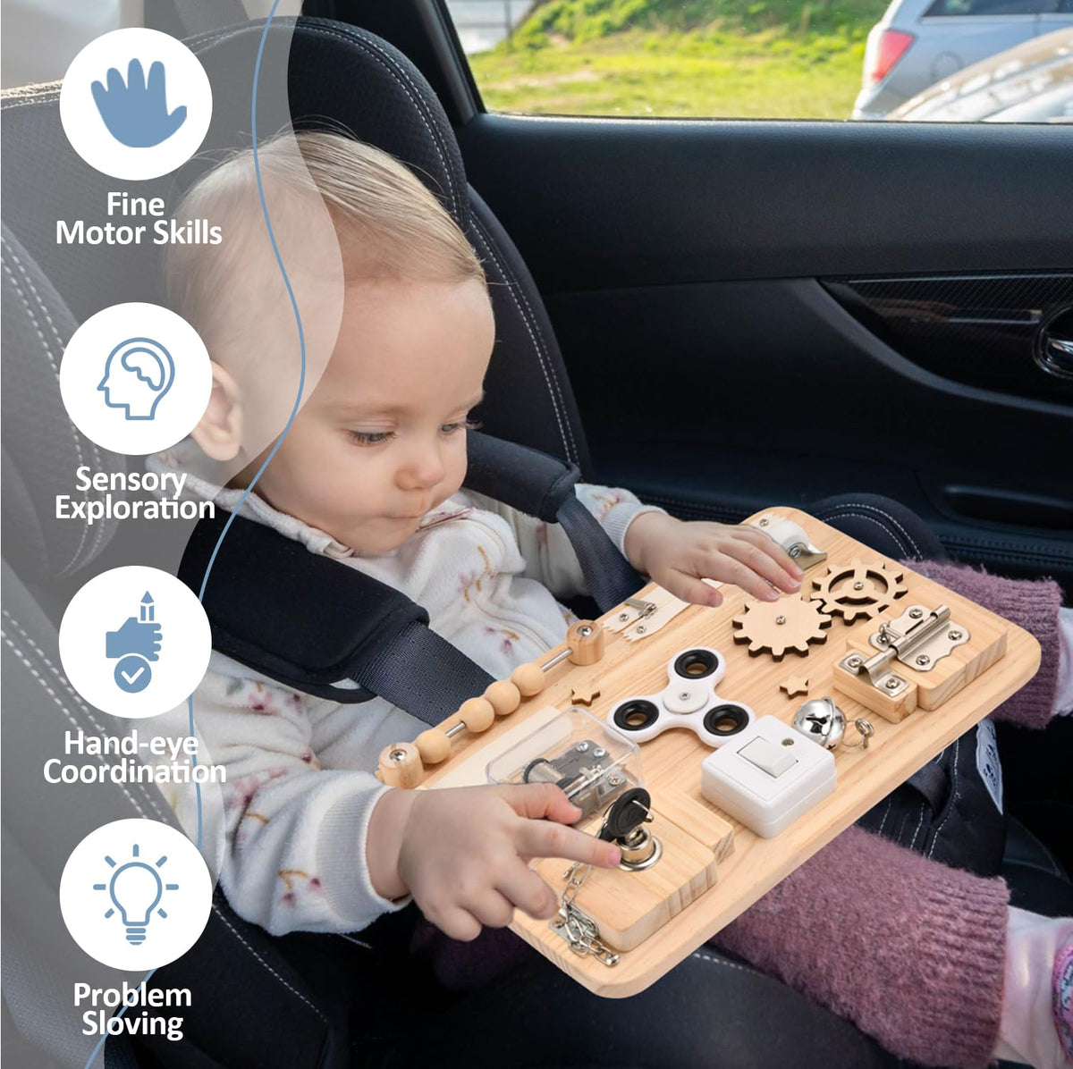 Potatomato Busy Board gears and knobs spark tactile exploration during quiet play