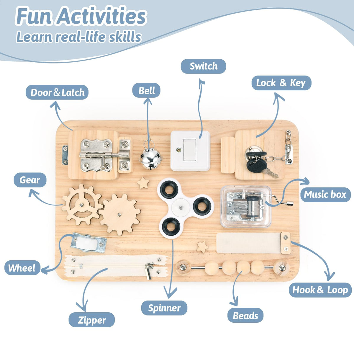 Potatomato Busy Board latches and switches demonstrate cause-and-effect for curious toddlers