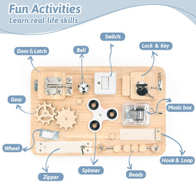Potatomato Busy Board latches and switches demonstrate cause-and-effect for curious toddlers